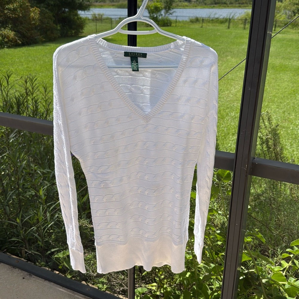 Lauren Ralph Lauren White 100% Cotton Cable Knit V-Neck Sweater - Size medium